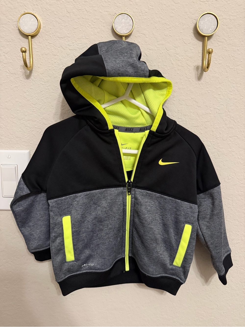 Nike Black & Gray Kids' Hooded Zip Jacket with Neon Yellow Trim